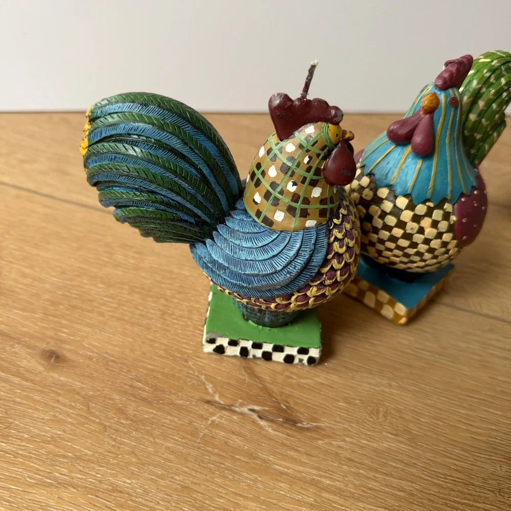 Vintage Rooster Chicken Figurine Candle Set Farmhouse Folk Art Decor 2 Piece NEW